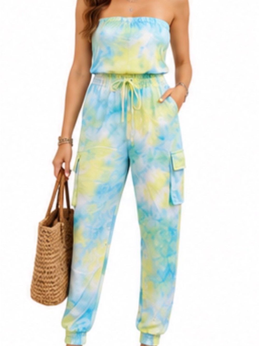 Rosevelvet Strapless Tie Dye Cargo Jumpsuit Blue Green Medium NWT